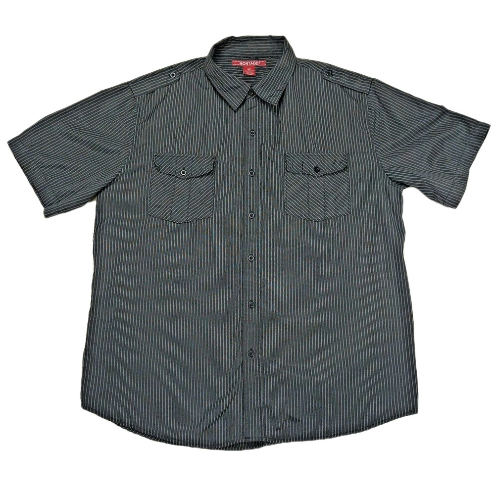 Montage‎ Mens XL Short Sleeve Button Up Shirt Black Pinstripe Epaulets Military